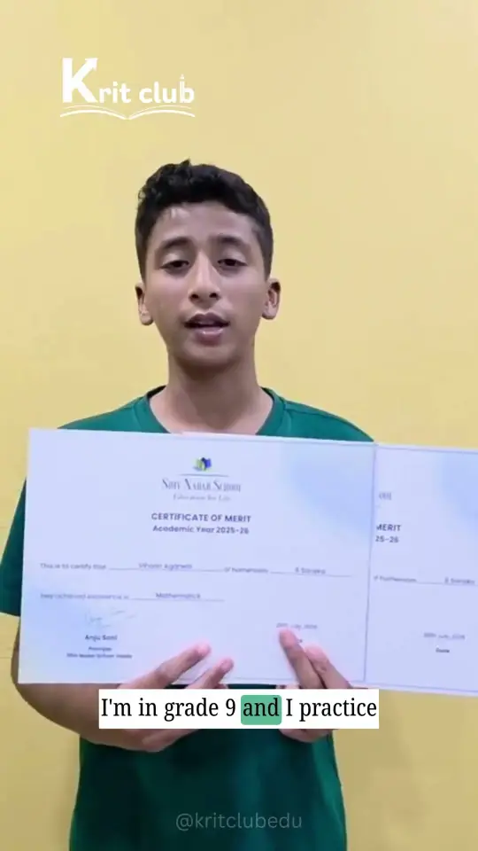 Grade 9 Krit Club student holding his Math and Science merit certificate